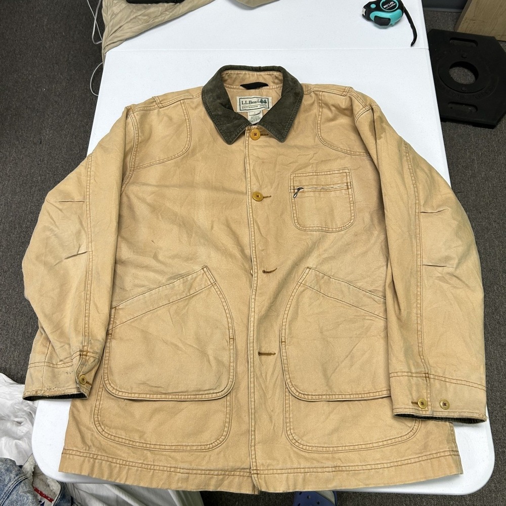 L.L. Bean Field Coat Mens L Tan Canvas Corduroy Collar Barn Jacket
